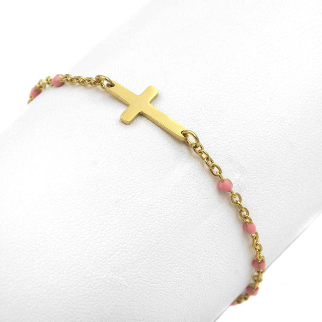 Rosary Bracelet Pink-Cross Steel-Gold IP 306100360.103